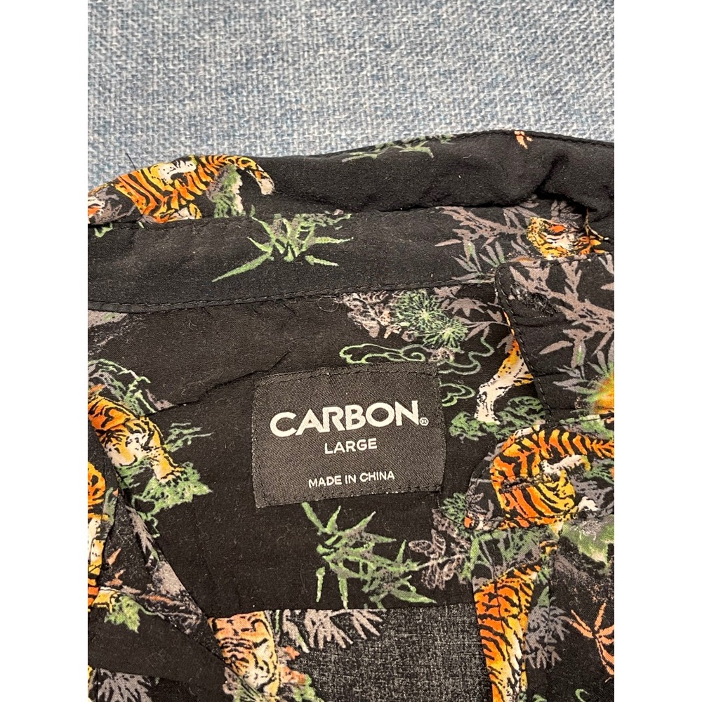 Carbon Mens Tiger Bamboo Print Short Sleeve Button Down Shirt Black Large - Picture 2 of 6